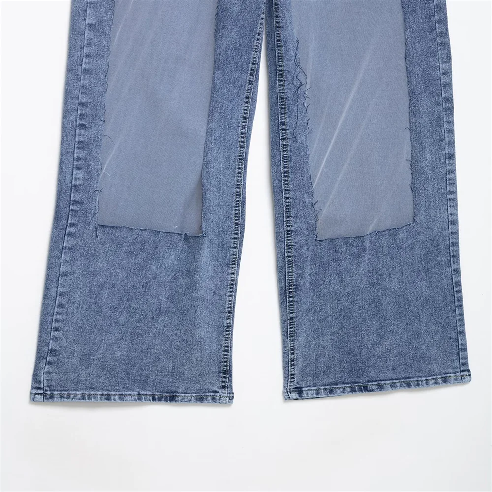 New women's clothing European and American style fashionable simple and versatile mesh splicing high waisted jeans