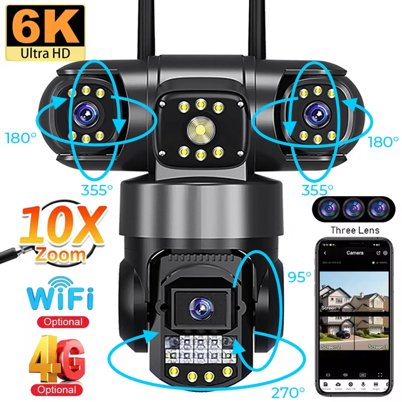

IP-камера 4G/WiFi, уличная 12MP 6K, тройные линзы, тройные экраны, видеомонитор безопасности, водонепроницаемые камеры ночного видения