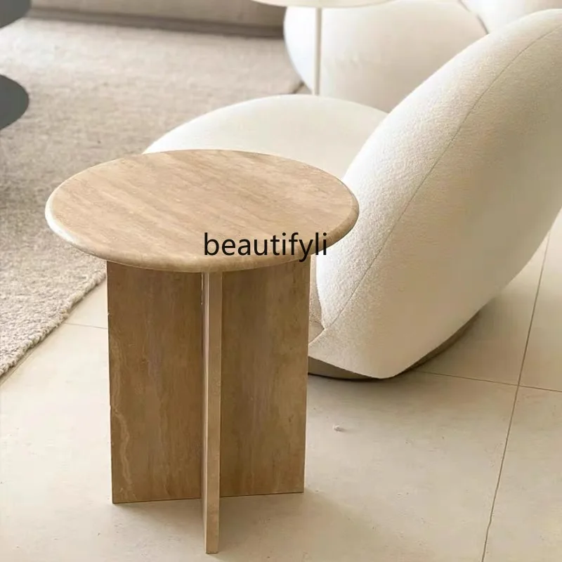 

Modern simple side table, creative model room beige travertine living room small round table European small coffee table