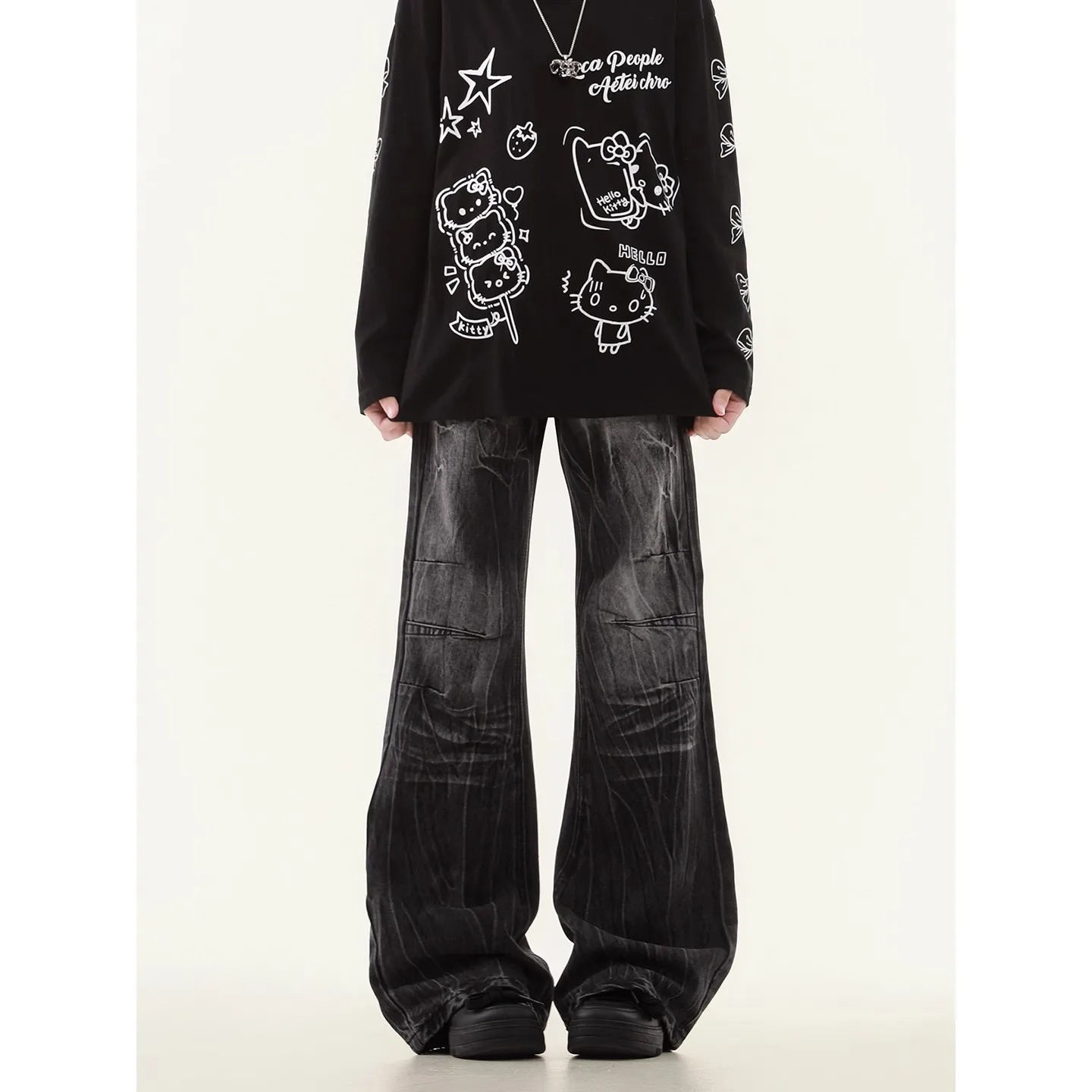American Style Denim Pants Washing Dying Contrast Color Casual Wide Leg Flared Trousers Autumn Jeans for Women