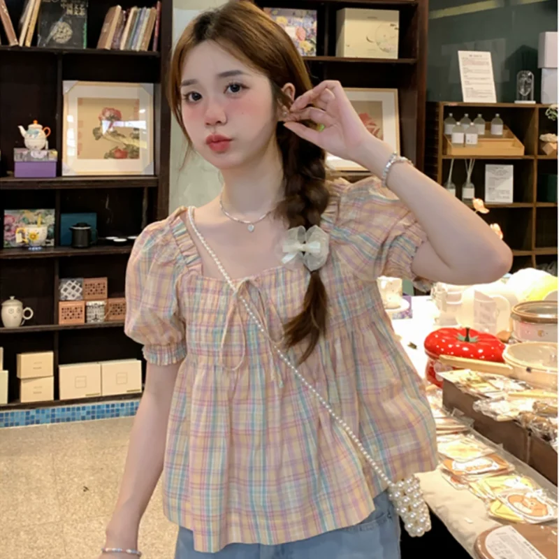 

Французский короткий топ в клетку на одно плечо для женщин, свободный и милый