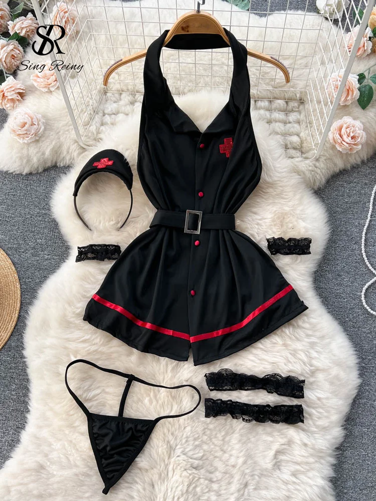 

SINGREINY Erotic Fashion Sexy Halter Night Dress Summer V Neck Vintage Belt Slim Nightwear Women Backless Sexuality Club Pajamas