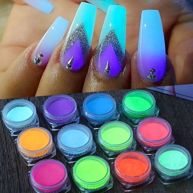 12 Box Glow in the Dark Nail Powder Neon Phosphor Pigment Fluorescent Glitter Luminous Nail Art Rubbing Dust Manicure Decor