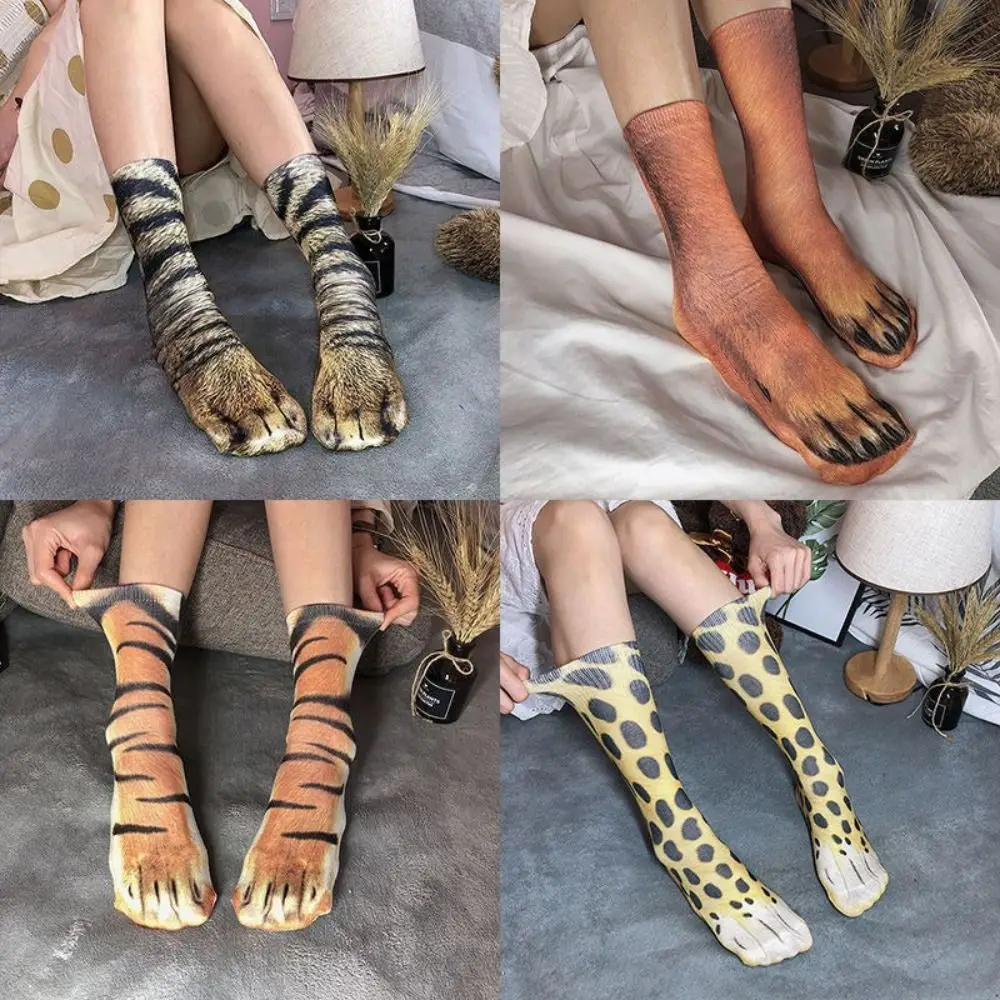 Gift Polyester 3D Print Animal Paw Socks Simulation Novelty Leopard Socks Harajuku Middle Tube Sock