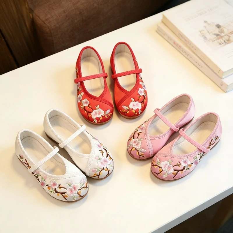 Girls Hanfu Shoes Chinese Embroidered Children Mary Jane Flats Princess Wedding Perform Kids Fashion Vintage Flat Cloth Shoes