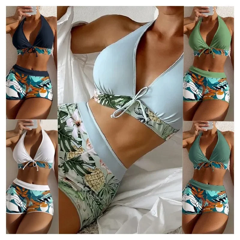 

2024 Halter Bikini Set Short Swimsuit Women High Waist Swimwear Female Printed Bathers Swimming Bathing Swim Suit Beachwear