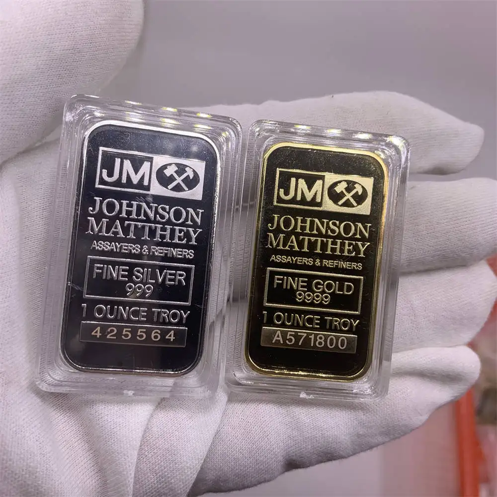 Wholesale 1 Ounce Troy Johnson Matthey Gold Plated Bar JM Silver Bar badge with different serial laser number Souvenir Coin Gift