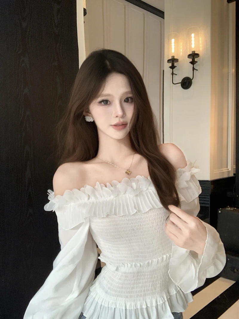 

Ele Lace irt Женские длинные свеки ort Design Sensation на одно плечо плиссированный подол Французский сле Высокая талия Faion Осень...