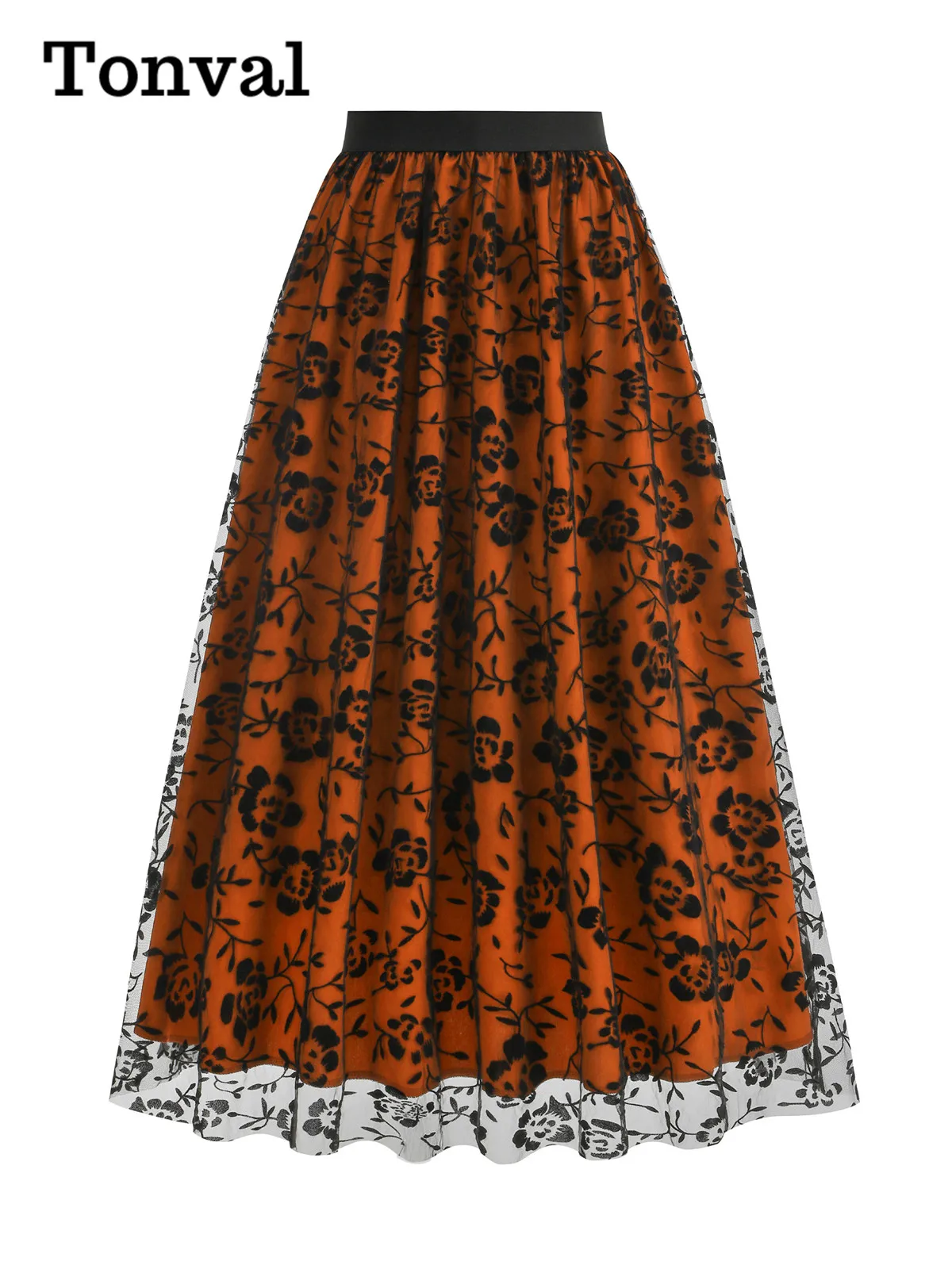 Tonval Gonne lunghe in vita elastica con rivestimento in rete floccata floreale vintage per donna Gonna a pieghe elegante per festa di Halloween