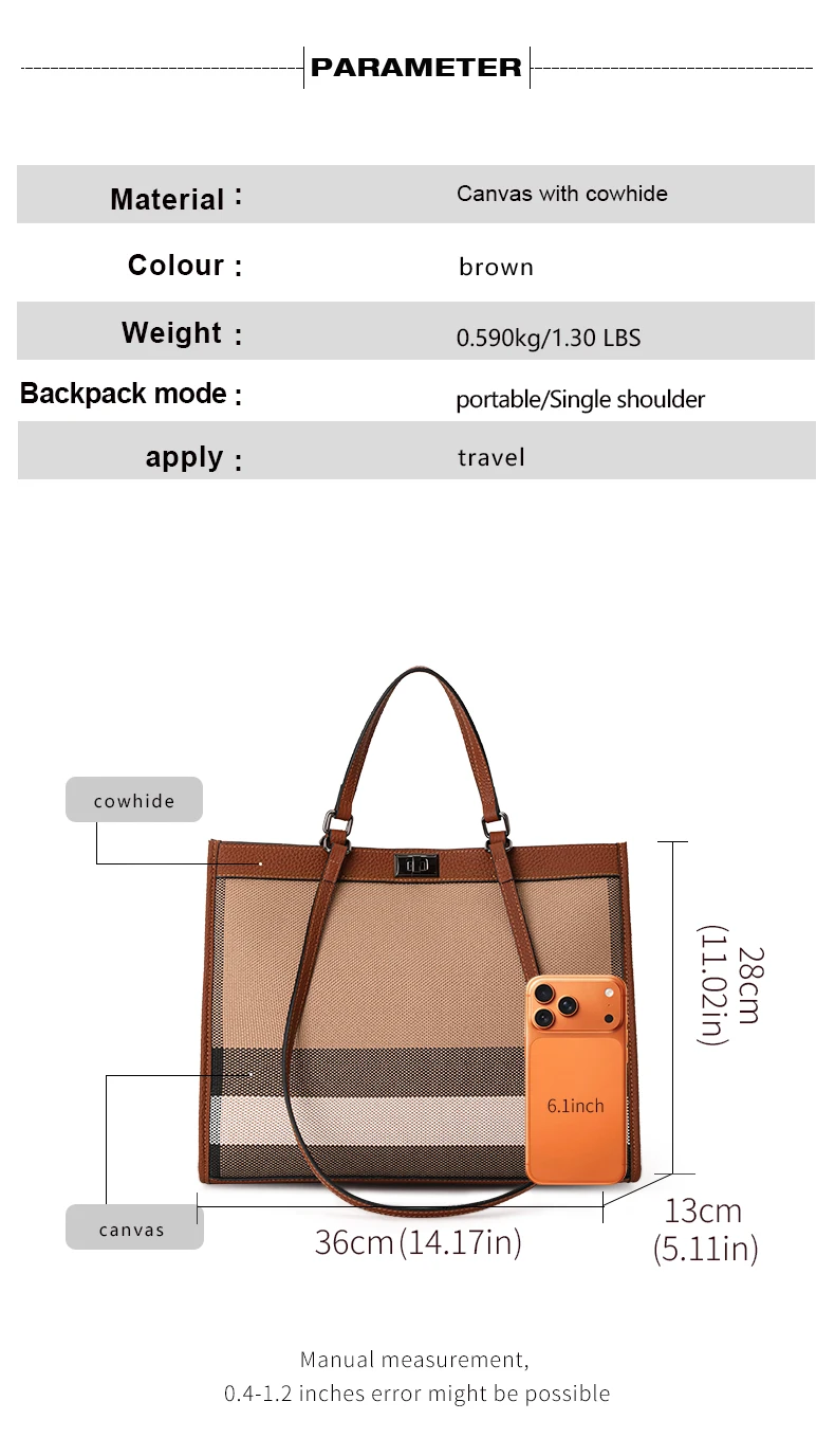 Vintage Karierte Canvas-Leder-Kombination Tragetasche Damen Handtasche mit Verschluss Große Kapazität Schultertasche für Alltag Arbeit Reise – Detail 3