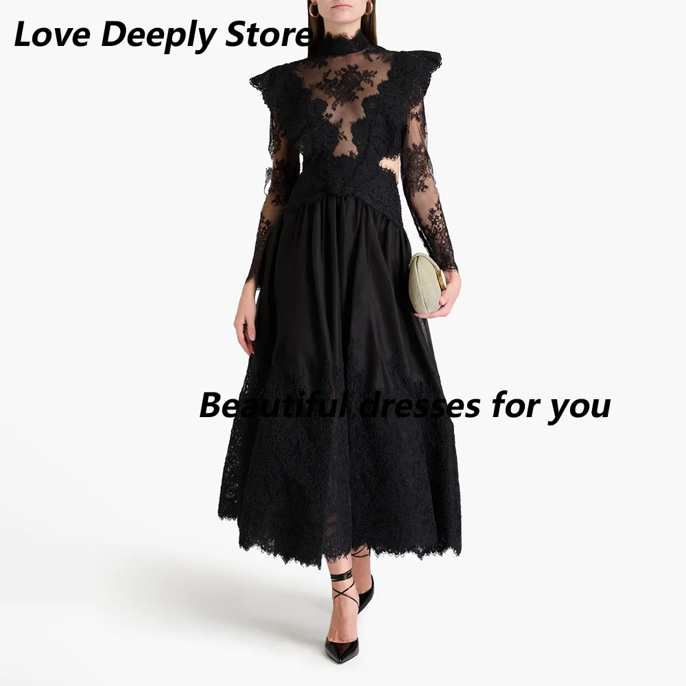 Black Lace Evening Dress Customized High Neck Long Sleeves Prom Gown Elegant Backless A-Line Special Occasion Gowns 2026