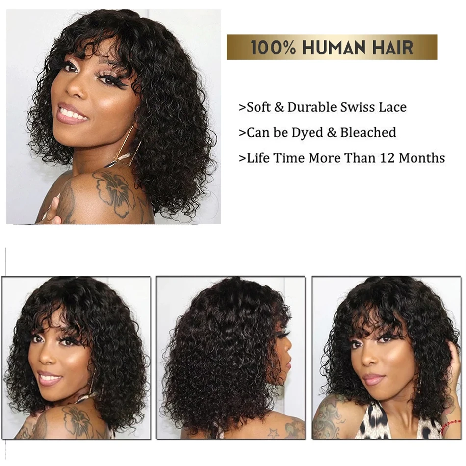 Curly Short Bob Cut Human Hair Wigs With Bangs Bob Wig Kinky Curly Wigs Human Hair Bob With Bang For Women Full Machine Made Wig