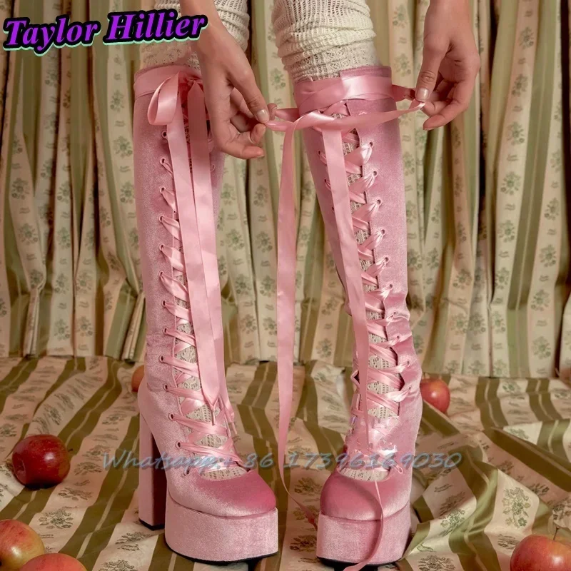 Pink Platform Boots Round Toe Ribbon Botas Cross Strap Lace Up Knee-High Chunky Heel High Quality Solid Bottes Hautes Plus Size