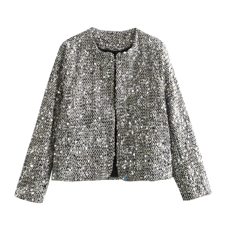 

Woman Elegant Silvery Sequined Straight Jacket 2024 Spring Female Fashion Shiny Jackets Ladies High Street Tweed Jackets