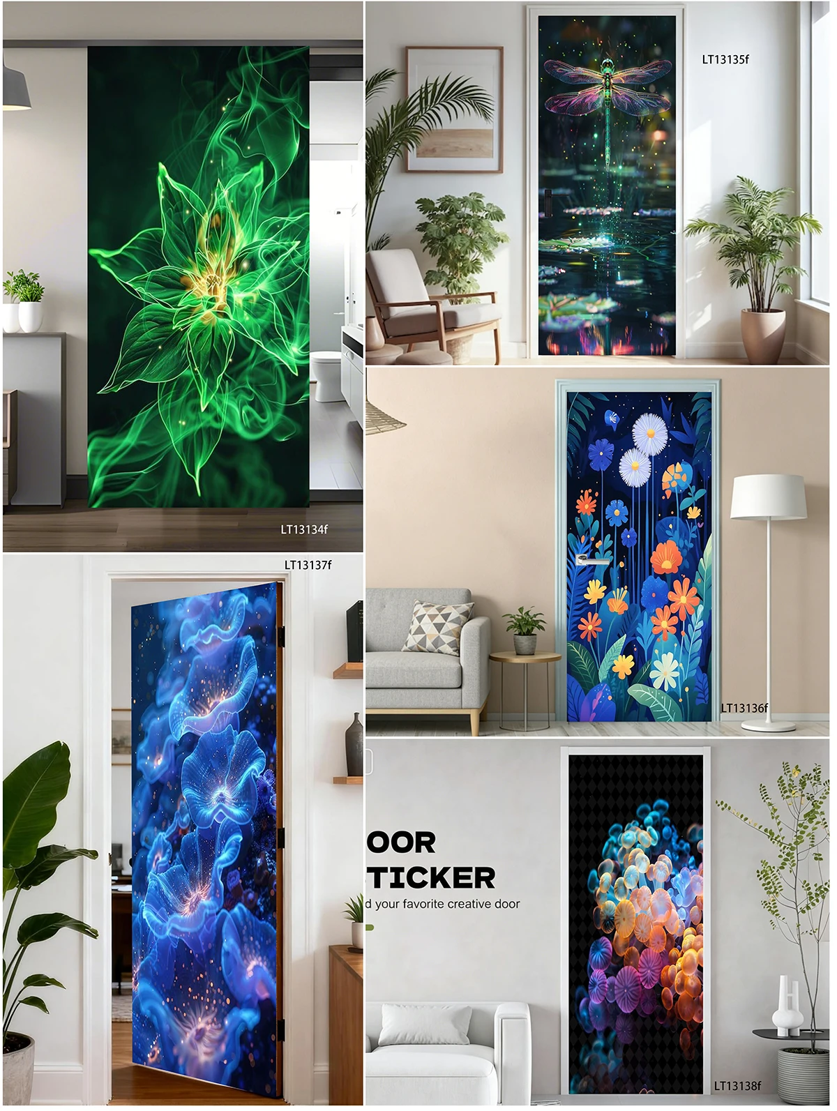 Waterproof Self-Adhesive Door Wallpaper Glow-in-the-Dark Floral Dragonfly Starry Print Removable PVC Interior Door Home Decor