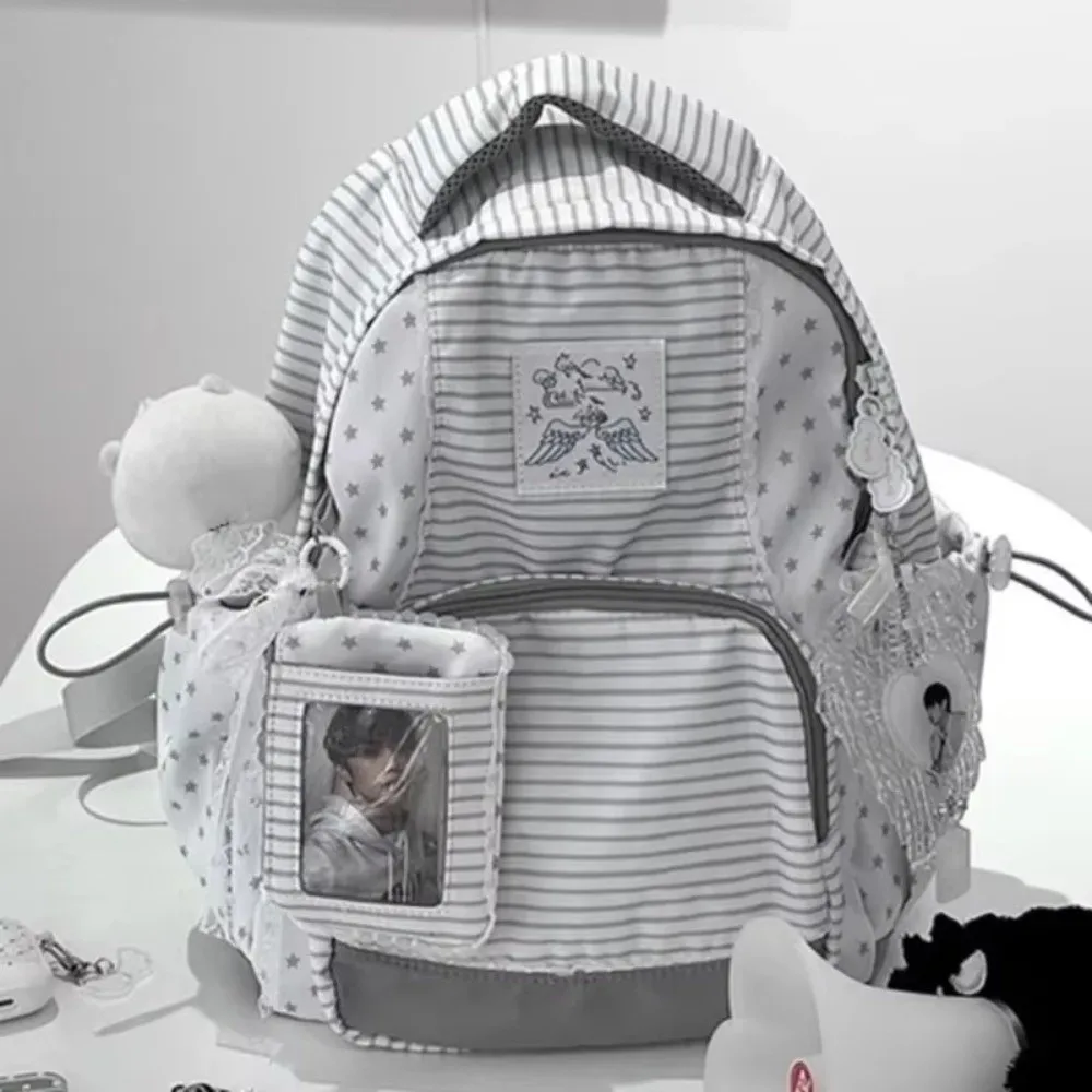 Striped Design Student School Backpack Large Capacity Star Pattern Korean Style Bag Lightweight Multi-Pocket