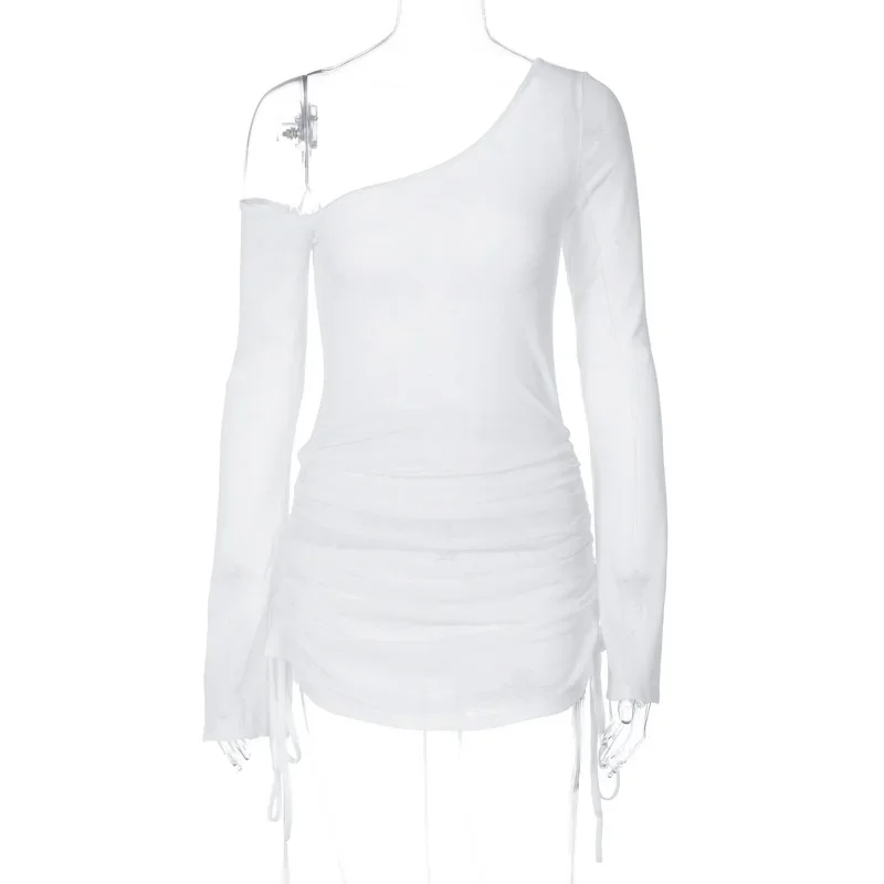 2025ฤดูร้อนผู้หญิงSkew Collar Lace-Up Ruchedดูผ่านชุดมินิแขนยาวBackless Clubwearปาร์ตี้ค็อกเทลชุดราตรี