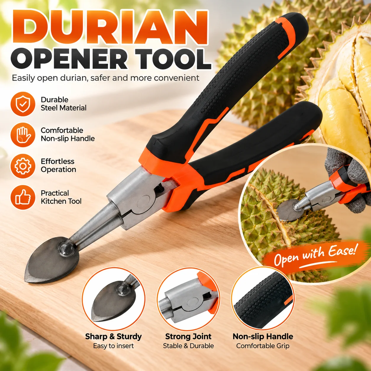 Easy Open Durable Durian Opener Ergonomic Handle Multi-use Fruit Shell Breaker Heavy Duty Peeling Tool for Home Kitchen
