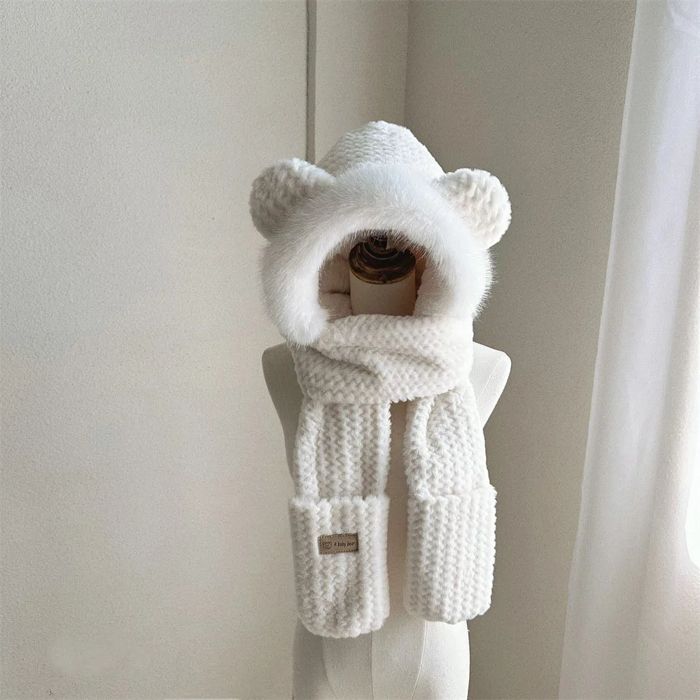 Kids And Mum Winter Bear Ears Boy Girl Elastic Knitted Hats Children Warm Beanies Adults Coveralls with Gloves For 8 to 18 Years