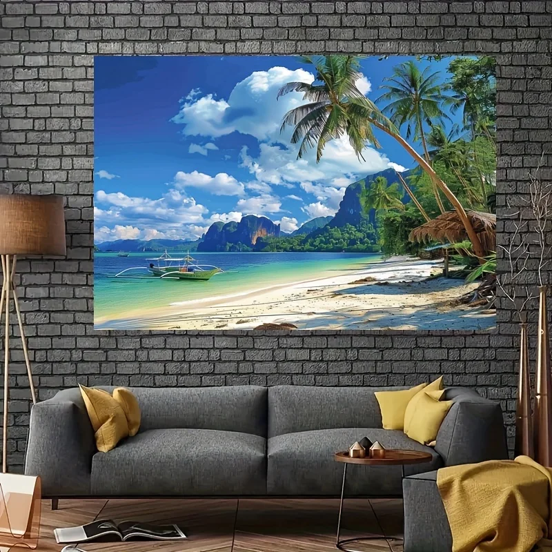 Summer Tropical Beach Backdrop - Vibrant polyester photo backdrop with palm trees, Hawaiian themed party decorations