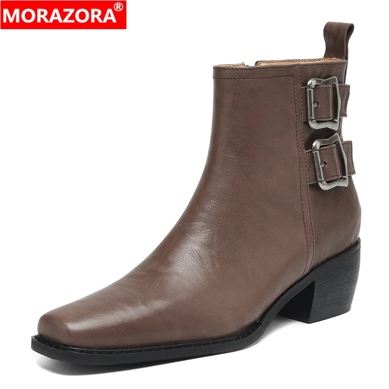 

MORAZORA Size 34-43 New Genuine Leather Boots Women Square Toe Buckle Chunky Heels Ankle Boots Handmade Cowboy Western Boots