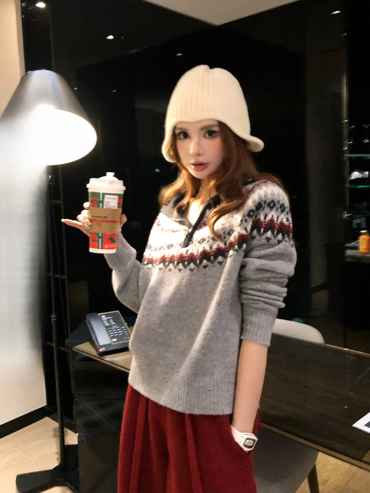 

Женский шерстяной вязаный свитер Wang Jun Li с узором Fair Isle, длинными рукавами, воротником-стойкой и молнией, ранневесенний, в корейском ретро-стиле