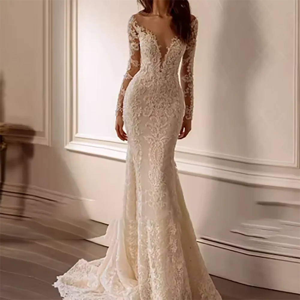클래식 v 넥 Appliuqins 레이스 백리스 풀 슬리브 분리형 신부 웨딩 드레스 신부 가운 Cuastomized