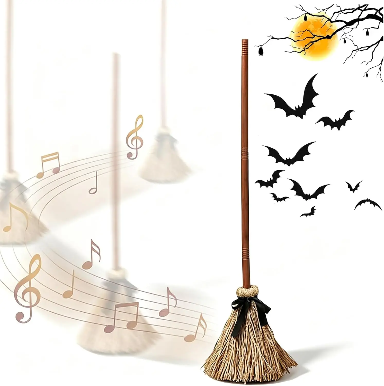 Sound Activated Floating Witch Broom Halloween Decoration Effect for Haunted House Yard Porch Party Indoor Outdoor