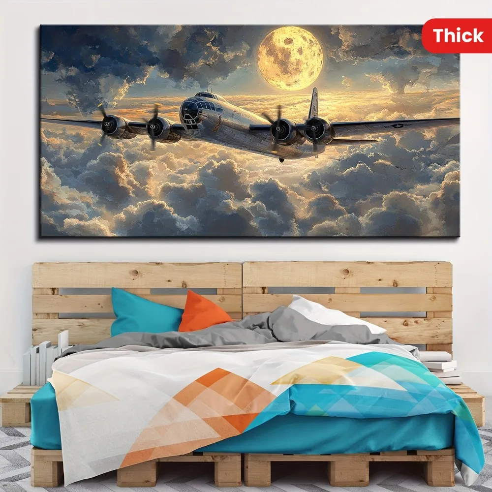 1.5 inch thick pine solid wood frame, World War II aircraft photo poster, fantasy cloud poster, printed modern canvas painting