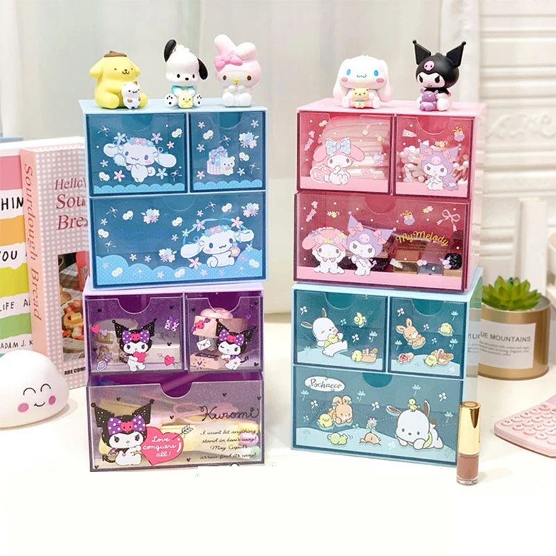 

Sanrio Storage Box Girl Heart Kuromi Desktop Drawer Box Cartoon Cute Cinnamoroll Large Transparent Three Boxes Gift for Kids