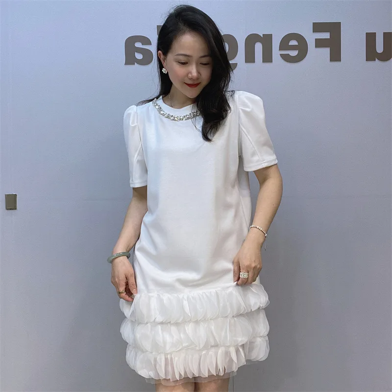 Summer Women Diamonds Beaded T-Shirts Dress Petals Edge Rhinestones Space Cotton Tees Dress Jumpers Short Sleeved Tops Vestido