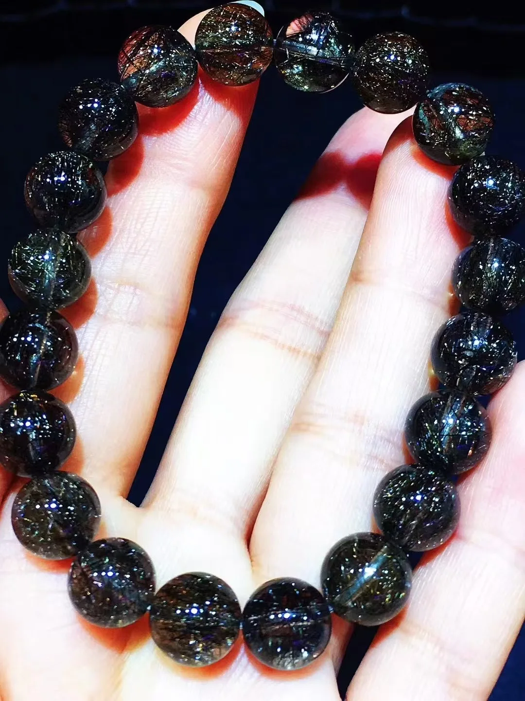 

Натуральный черный рутилированный кварц, прозрачные круглые бусины, браслет с кристаллами для женщин и мужчин, 9,6 мм, редкая бразильская натуральная рутилированная AAAAAA