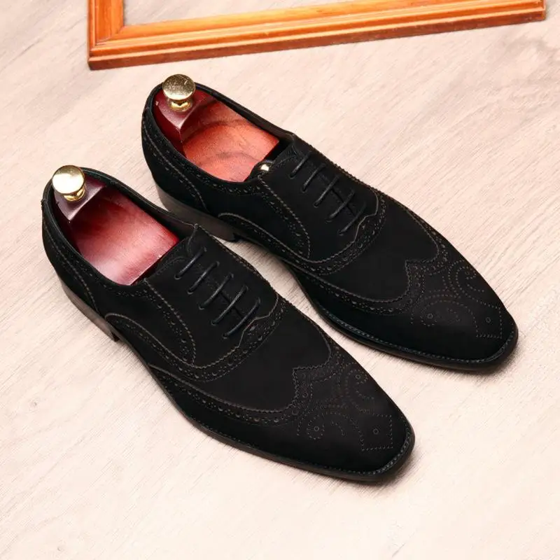 HKDQ Black Cow Suede Mens Oxford Shoes Handmade Genuine Leather Dress Shoes Business Party Wedding Formal Shoes For Men Size 6