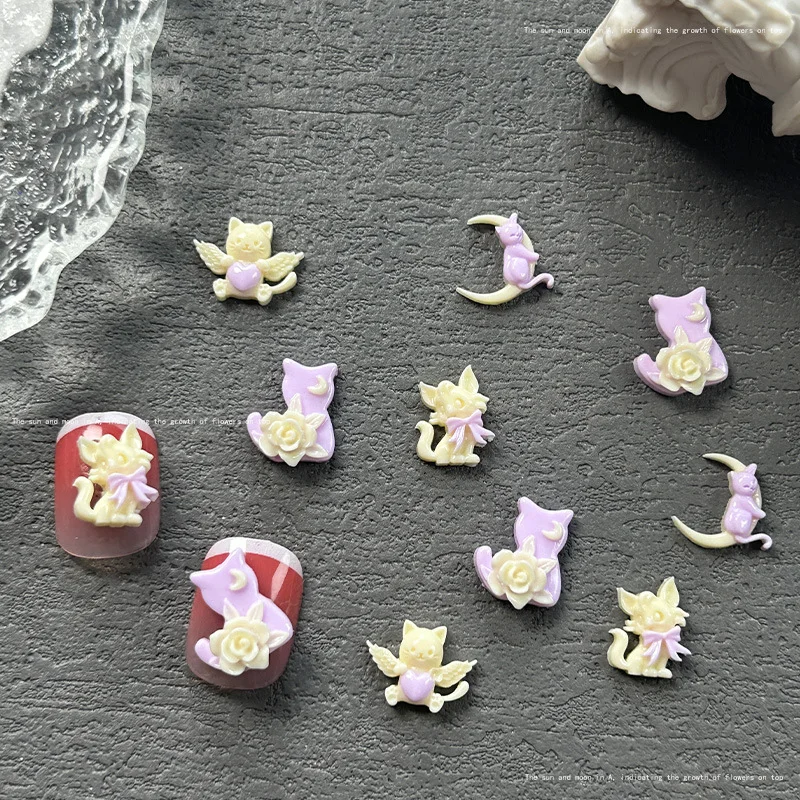 20pcs New Cartoon Nail Art Accessories Mixed Night Light Bow Cat Moon Resin Nails Charms Decoration DIY Mini Nail Accessories