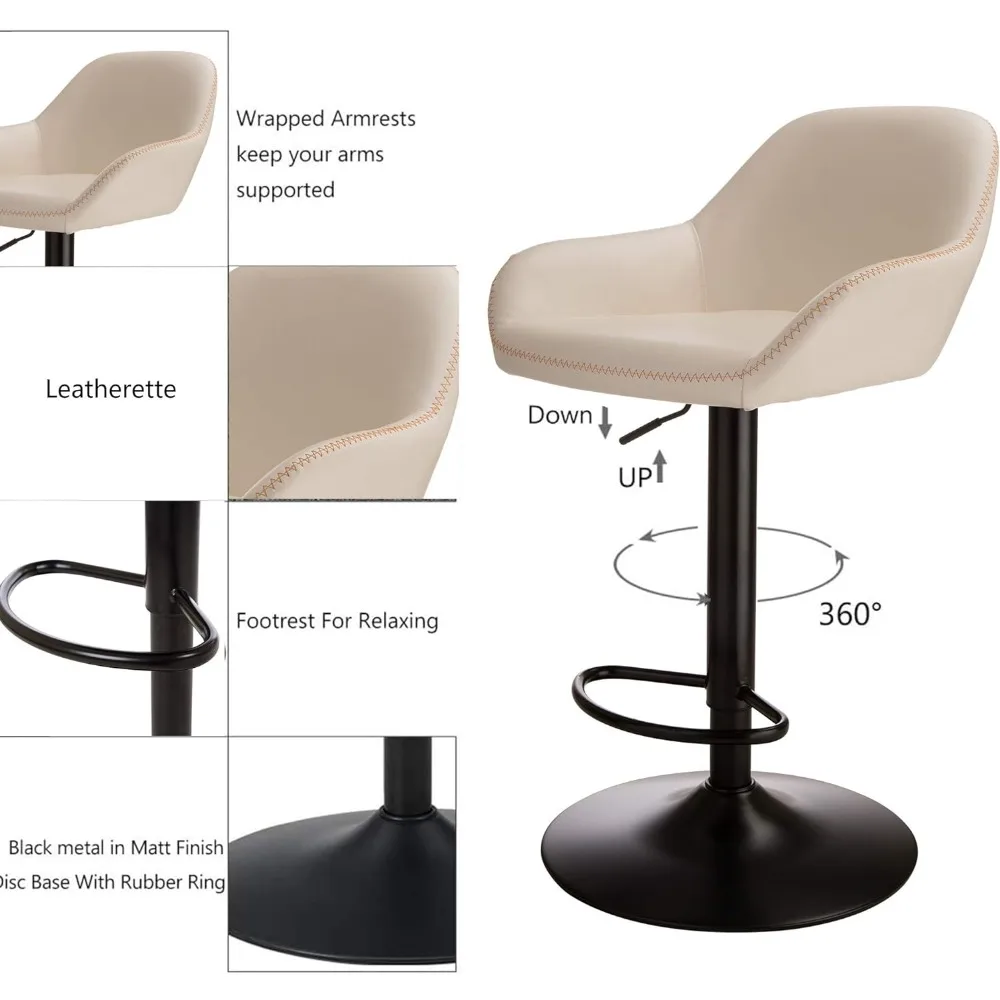 Zestaw stołków barowych Mid Century z 2-stopniowego, obrotowego, skórzanego, regulowanego krzesła barowego z oparciem i podnóżkiem
