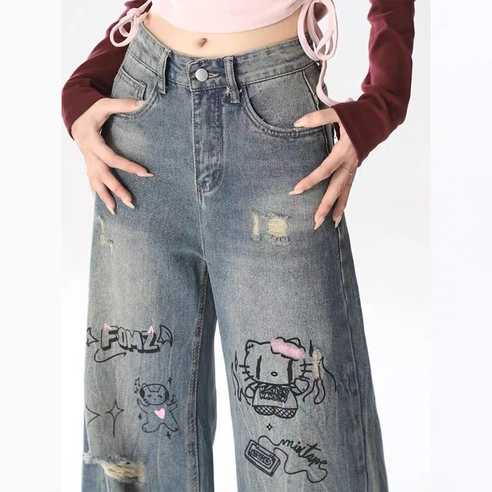 Hallo Kitty Y2K Jeans Sanrios Anime Kawaii Amerikanischen Stil Vintage Frauen Hosen Frühling Herbst Hohe Taille Trend Lose Wischen Hosen