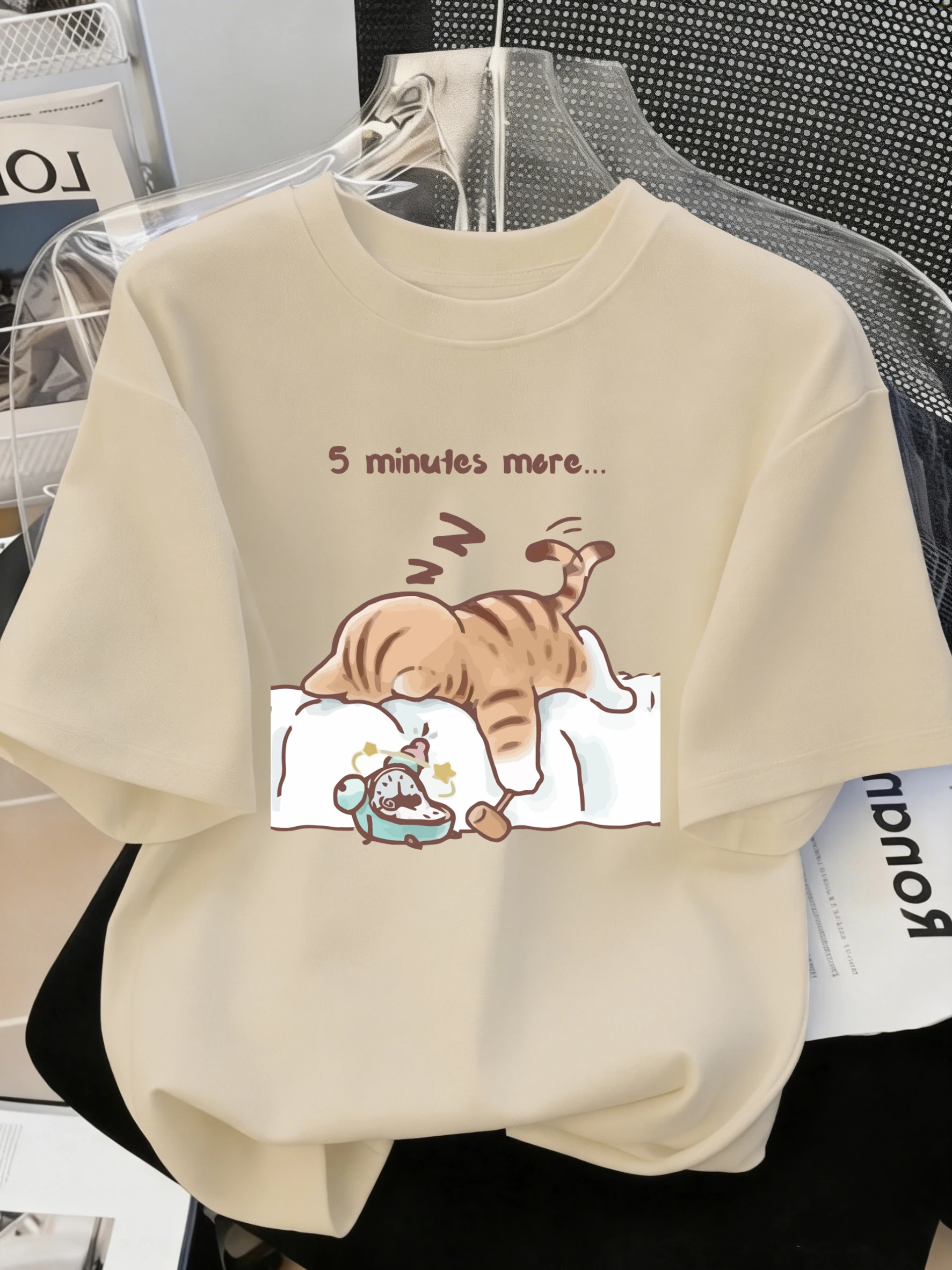 T-Shirt mit Musterdesign „Die Katze, die immer schlafen möchte“ aus Baumwolle für den Sommer, Herren-T-Shirt mit O-Ausschnitt, All-Match-Kleidung, lässig, locker, kurzärmelig