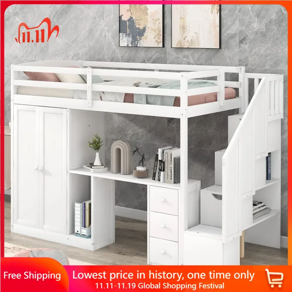 

Loft Bed ,with Wardrobe,6 Storage Staircase, 3 Drawers and Cabinet, Twin Size Loft Beds for Family, Teens, Wood Bunk Bed Frame