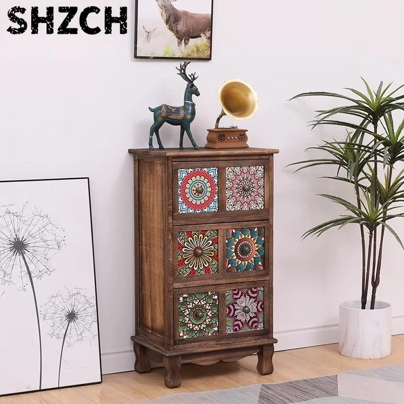 ‌Vintage Solid Wood Dresser, Hand-Painted Storage Chest, 5-Tier Living Room Cabinet, Extra Deep Nightstand with Drawers