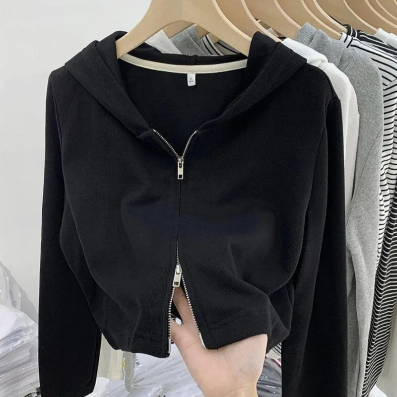 Hoodies Women Solid Double-ended Zipper Design Chic Long Sleeve Spring Cropped Casual Ins Students Daily Simple Classic Popular