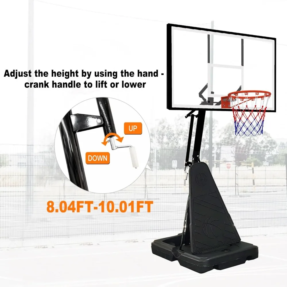Golha de basquete portátil de altura ajustável, 8,04-10 pés, tabela inquebrável de 44 polegadas, sistema de cesta de basquete ao ar livre resistente