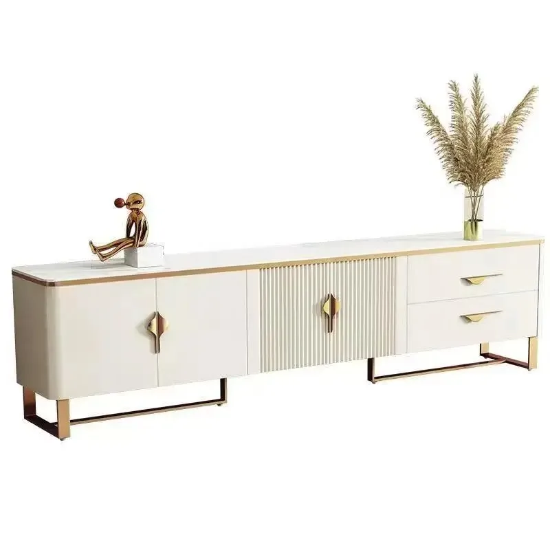 #￥Living Room Furniture Elegant High End Gold White Stainless Steel Frame TV Stand High Quality Tv Table and Coffee Table Set