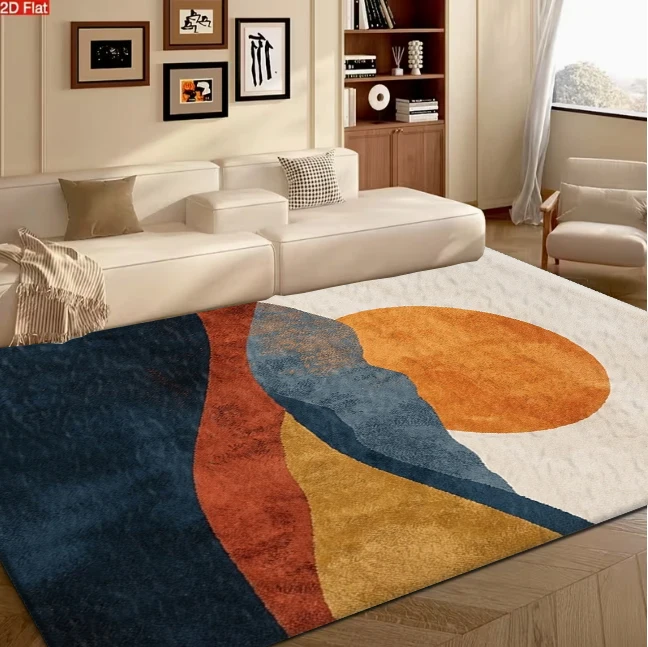 Mid‑Century Abstract Curved Shape Area Rug Navy Orange Rust Non‑Slip Carpet Floor Mat for Living Room Bedroom Home Decor