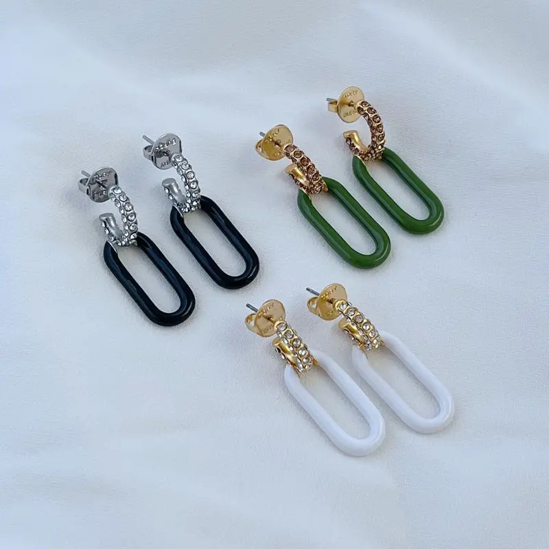

Fashion Light Luxury Niche Inlaid Sparkling Rhinestone C-shaped, Handmade Enamel Oval Pendant Dangle Temperament Metal Earrings