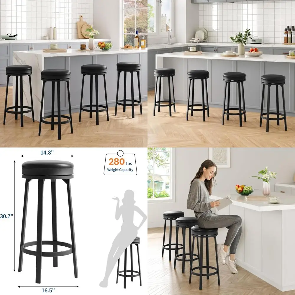 30'' swivel bar stools set of 4 with footrest, modern counter height barstools with pu leather upholstered and metal frame, bac