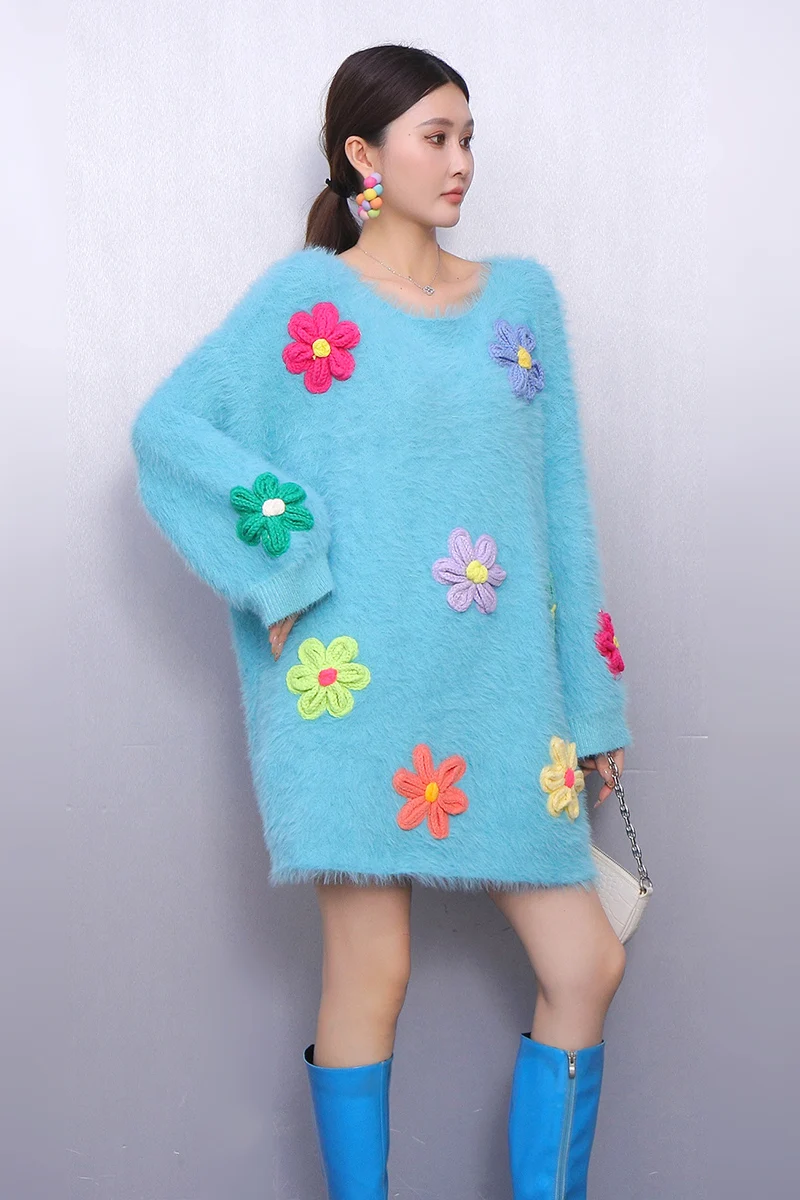 

2024 Winter New Elegant Thick Flower Plush Knitted Sweater Women Loose Long Sleeve Warm Sweater J2115