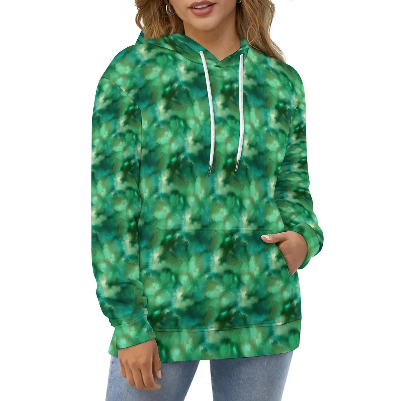 

Green Moss Casual Hoodies Abstract Print Y2k Hoodie Female Long Sleeve Hip Hop Pattern Loose Oversized Sweatshirts