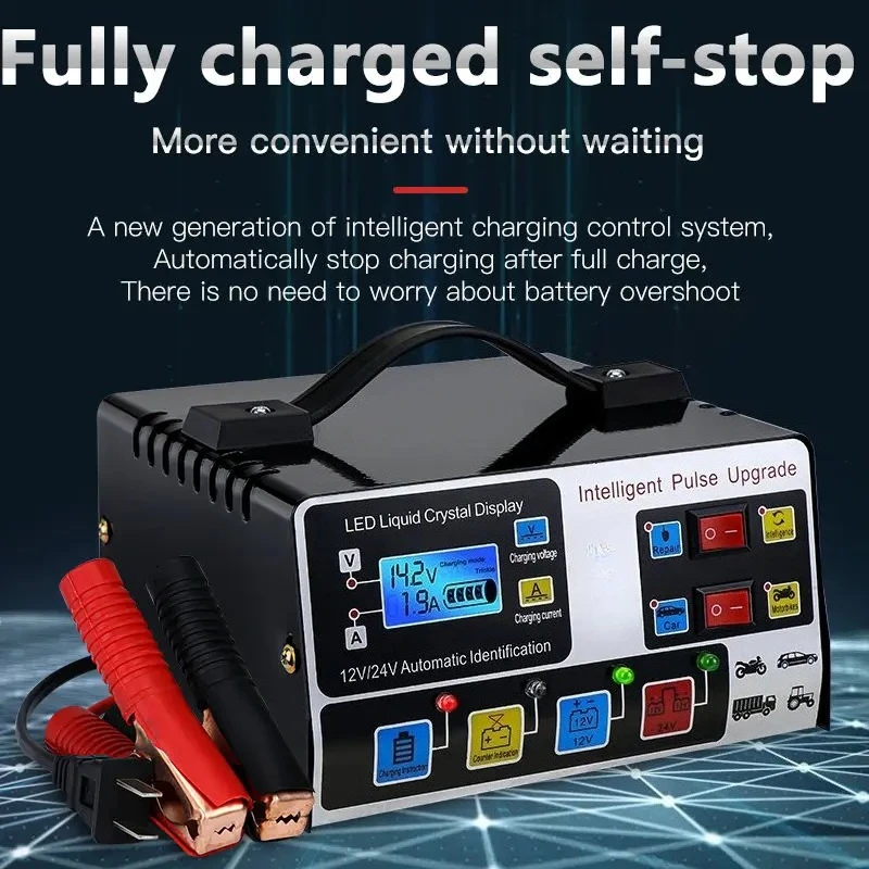 Chargeur de batterie de voiture 12V/24V 300a, 220W, haute puissance, réparation d'impulsions entièrement automatique, écran LCD intelligent, batterie à arrêt automatique, chargeur rapide