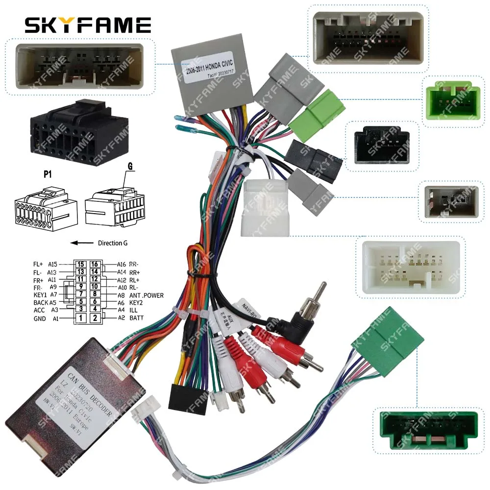 

SKYFAME Car 16pin Wiring Harness Adapter Canbus Box Decoder Android Radio Power Cable For Honda Civic Hatchback 5D