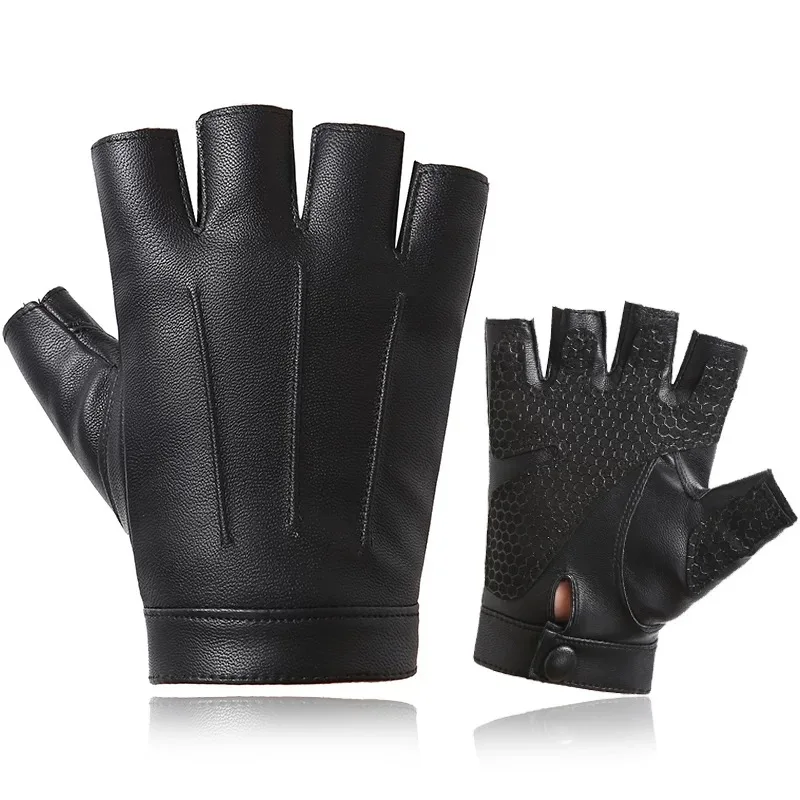 1 Pair Fingerless Cycling Gloves PU Leather Gloves Outdoor Sport Faux with Anti-slip Layer Glove for Driving Motorcyle